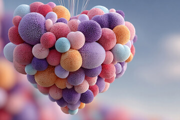 An abstract 3D composition in the shape of a heart, assembled from numerous soft spherical elements of varying sizes and textures.  