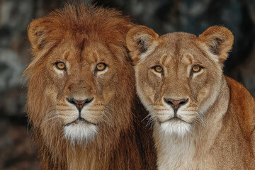 Obraz premium A portrait photograph of a lion and lioness sitting side by side, looking directly at the camera. 