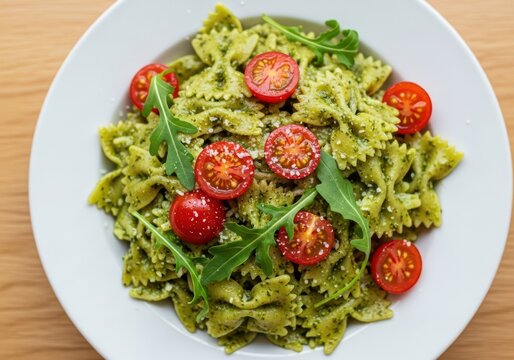 A vibrant plate of farfalle pasta tossed with pesto sauce, cherry tomatoes, and fresh arugula, offering a healthy and delicious meal