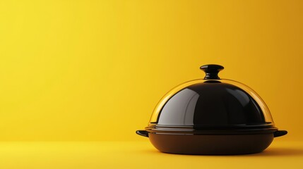 Fototapeta premium Black food cloche on yellow studio background