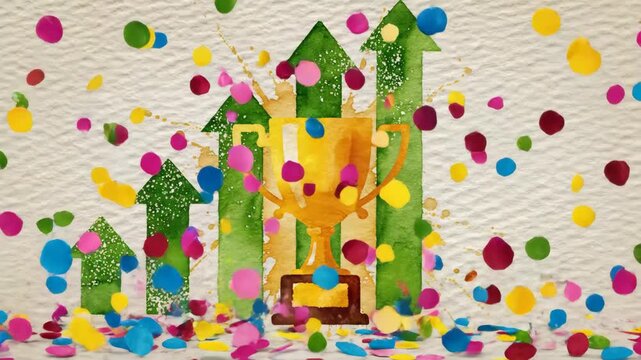 Watercolor Trophy and Growth Arrows with Confetti - This is an artistic watercolor illustration showing a golden trophy with green upward-pointing arrows behind it and multi-colored confetti all