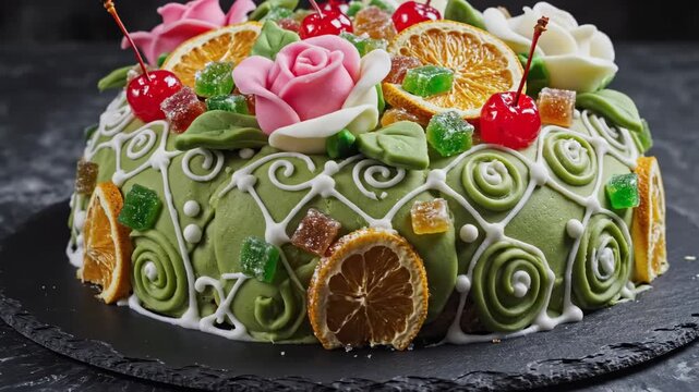 Elaborate Decorated Cake - A meticulously decorated cake is presented, featuring a light green frosted surface with white icing swirls and adorned with marzipan roses, candied fruit, and dried orange