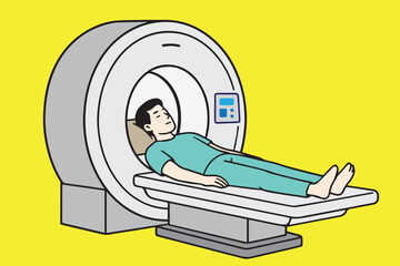 Modern medical vector showing a man receiving an MRI scan, highlighting diagnostic imaging, healthcare technology, patient examination, and the importance of early medical detection.