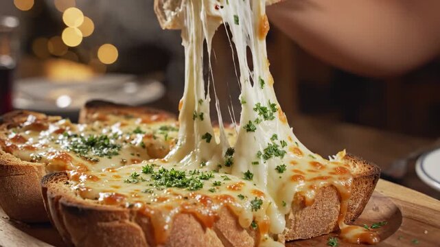 Pulling Delicious Garlic Bread - A hand is pulling a slice of garlic bread, showing its melted cheese and parsley topping.