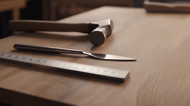 Close-up of Woodworking Tools on Workbench: Hammer, Ruler, and Chisel in Studio
