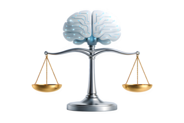 Artificial Intelligence Brain Balanced with Justice Scale on White Background