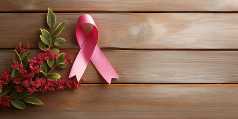 Pink ribbon for breast cancer awareness on a wooden background. Health and support concept with flowers and copy space