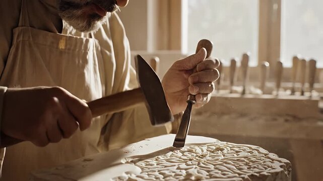 Close-up of artisan carving intricate design into stone with hammer and chisel