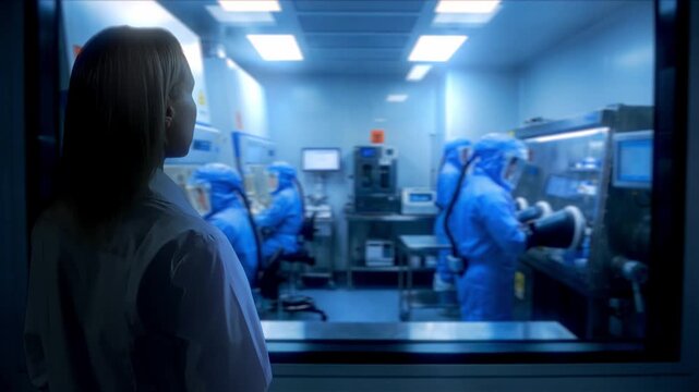 Female Leader Supervising Technicians During Precise Sample Processing In Secure Laboratory