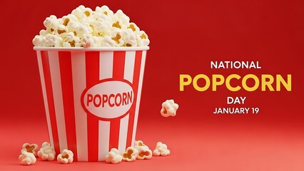 Celebrating national popcorn day on january nineteenth with a classic red and white striped container overflowing with freshly popped corn kernels against a vibrant warm background graphic design.