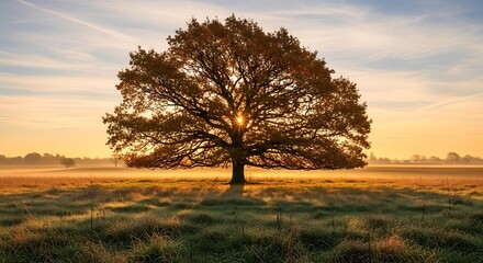 Obraz premium Golden Hour Majesty: Solitary Tree Bathed in Dawn's Light