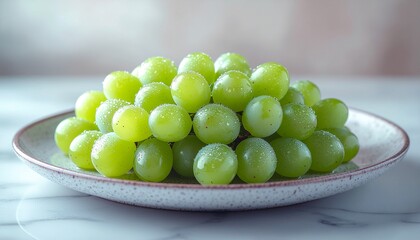 Bunch of Fresh Green Grapes with Water Droplets on a White Plate over Marble Surface
