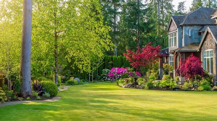 curb. Beautiful front yard with a healthy lawn and lush greenery in late spring. travel magazines, destination branding, designed for outdoor magazines and nature guides, used by health educators.