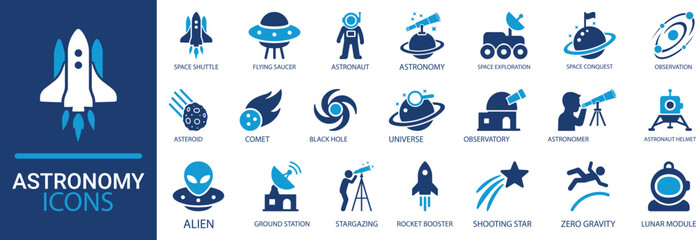 Astronomy icon set. flying saucer, universe, space shuttle, astronaut, alien, zero gravity, lunar module, black hole, and planet icons. Solid vector illustration © Designstor09