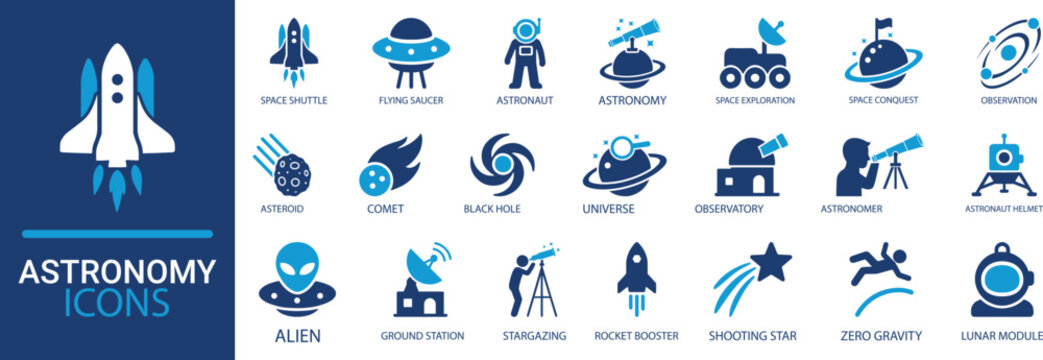 Astronomy icon set. flying saucer, universe, space shuttle, astronaut, alien, zero gravity, lunar module, black hole, and planet icons. Solid vector illustration