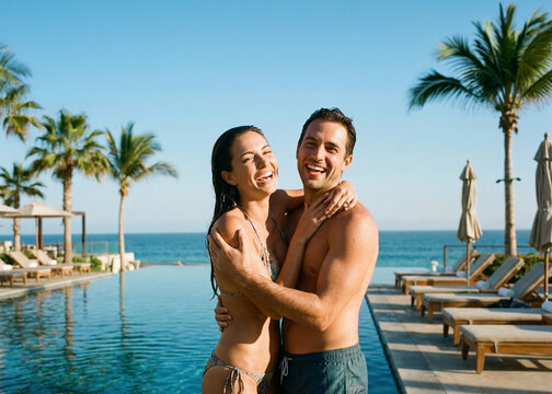 Pareja joven feliz abrazada en piscina de resort de lujo bajo el sol. Concepto de vacaciones de verano, turismo rom&aacute;ntico, luna de miel disfrutando del tiempo libre. IA generativa.