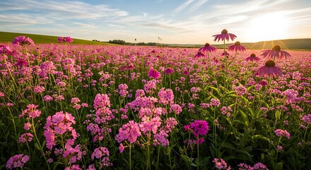Obraz premium Floral Tapestry: Sunlit Meadow of Pink Blooms