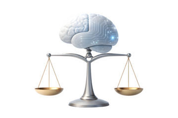 Artificial Intelligence Brain Balanced with Justice Scale on White Background
