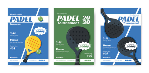 Padel tournament flyer templates with racket and event details
