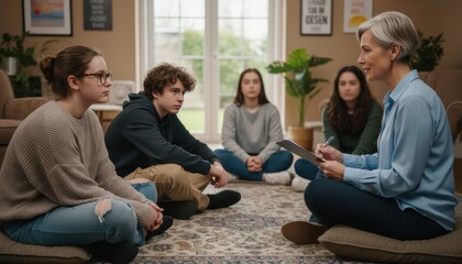 A group therapy session in progress with a counselor and young adults seated in a circle on cushions indoors.