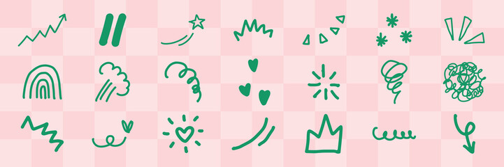 Green doodles on pink background. Doodles include stars, hearts, clouds, and swirls. Playful doodles with stars and hearts. Green doodles on pink. Colorful doodle elements, vector set.