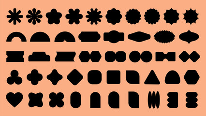 Fototapeta premium Vectors. Silhouette shapes on peach background. Various geometric shapes, abstract forms, and creative silhouettes. Shapes include circles, stars, and triangles. Black shapes, vector set.