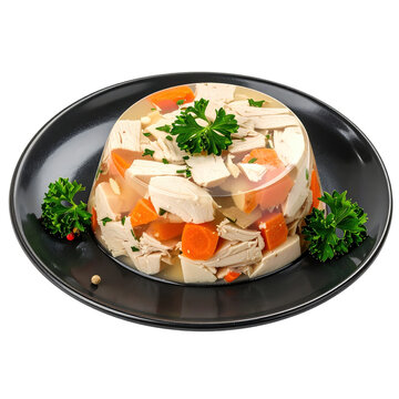 Clear golden chicken aspic with pieces of meat and vegetables on a dark plate,isolated on white background a gourmet and vintage chilled dish