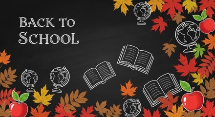 A chalkboard with the words 'Back to School' and various school-related illustrations, including apples, books, and globes, set against a blackboard background with autumn leaves.