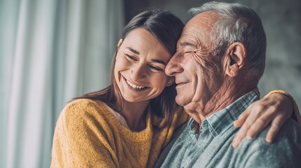 Heartwarming moment - Young woman embracing her elderly father with love.