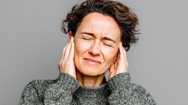 Woman experiencing ear pain, holding her head in discomfort.