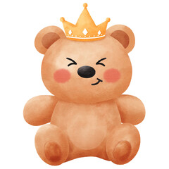 Cute Watercolor Teddy Bear Sitting with Golden Crown Illustration: Adorable Royal Prince Character for Baby Nursery Decor and Birthday Invitations.