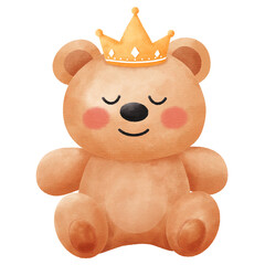 Cute Watercolor Teddy Bear Sitting with Golden Crown Illustration: Adorable Royal Prince Character for Baby Nursery Decor and Birthday Invitations.