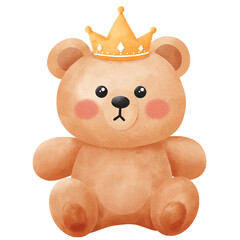 Cute Watercolor Teddy Bear Sitting with Golden Crown Illustration: Adorable Royal Prince Character for Baby Nursery Decor and Birthday Invitations.