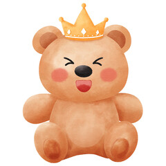Cute Watercolor Teddy Bear Sitting with Golden Crown Illustration: Adorable Royal Prince Character for Baby Nursery Decor and Birthday Invitations.