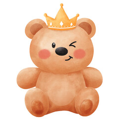 Cute Watercolor Teddy Bear Sitting with Golden Crown Illustration: Adorable Royal Prince Character for Baby Nursery Decor and Birthday Invitations.