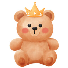 Cute Watercolor Teddy Bear Sitting with Golden Crown Illustration: Adorable Royal Prince Character for Baby Nursery Decor and Birthday Invitations.
