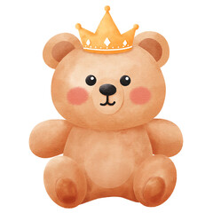 Cute Watercolor Teddy Bear Sitting with Golden Crown Illustration: Adorable Royal Prince Character for Baby Nursery Decor and Birthday Invitations.