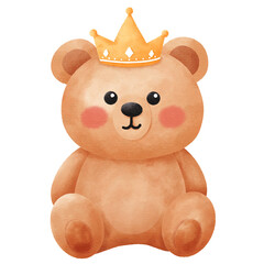 Cute Watercolor Teddy Bear Sitting with Golden Crown Illustration: Adorable Royal Prince Character for Baby Nursery Decor and Birthday Invitations.