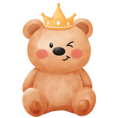 Cute Watercolor Teddy Bear Sitting with Golden Crown Illustration: Adorable Royal Prince Character for Baby Nursery Decor and Birthday Invitations.