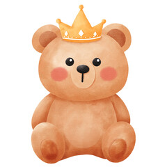 Cute Watercolor Teddy Bear Sitting with Golden Crown Illustration: Adorable Royal Prince Character for Baby Nursery Decor and Birthday Invitations.