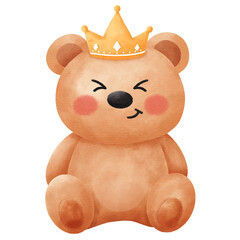 Cute Watercolor Teddy Bear Sitting with Golden Crown Illustration: Adorable Royal Prince Character for Baby Nursery Decor and Birthday Invitations.