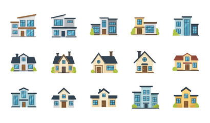 Residential town house and cottage building flat vector icon set isolated on transparent background