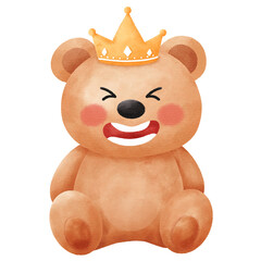 Cute Watercolor Teddy Bear Sitting with Golden Crown Illustration: Adorable Royal Prince Character for Baby Nursery Decor and Birthday Invitations.