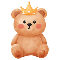 Cute Watercolor Teddy Bear Sitting with Golden Crown Illustration: Adorable Royal Prince Character for Baby Nursery Decor and Birthday Invitations.