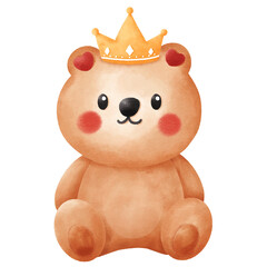 Cute Watercolor Teddy Bear Sitting with Golden Crown Illustration: Adorable Royal Prince Character for Baby Nursery Decor and Birthday Invitations.