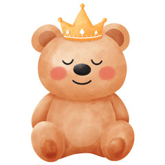 Cute Watercolor Teddy Bear Sitting with Golden Crown Illustration: Adorable Royal Prince Character for Baby Nursery Decor and Birthday Invitations.