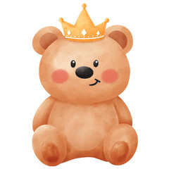 Cute Watercolor Teddy Bear Sitting with Golden Crown Illustration: Adorable Royal Prince Character for Baby Nursery Decor and Birthday Invitations.