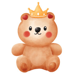 Cute Watercolor Teddy Bear Sitting with Golden Crown Illustration: Adorable Royal Prince Character for Baby Nursery Decor and Birthday Invitations.