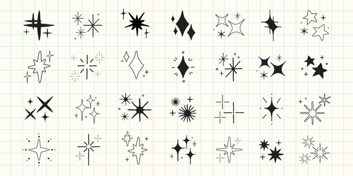 Collection of hand-drawn star doodles. Stars in various shapes and sizes. Star illustrations on grid background. Simple, artistic star doodles for design. Element vector set.