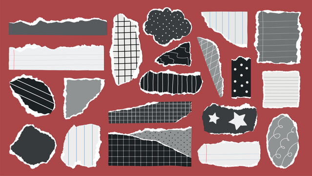 A collection of torn paper scraps with various patterns on a red background. Includes lined, grid, and polka dot designs in black, white, and gray. Gray element vector set.